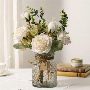 White Silk Roses in Vase Artificial Flowers Table Centerpiece Home Decor